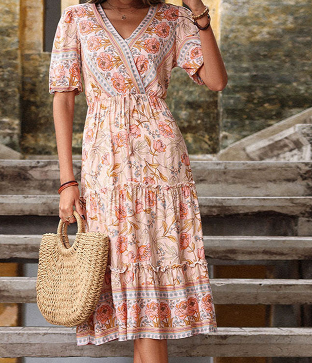 Pink Wooden Ear Printed V-neck Midi Boho Dress