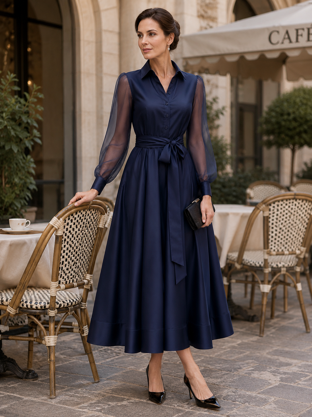 Formal OccasionSheer Tulle  Sleeve Satin Midi Shirt Dress With Self Tie Belt