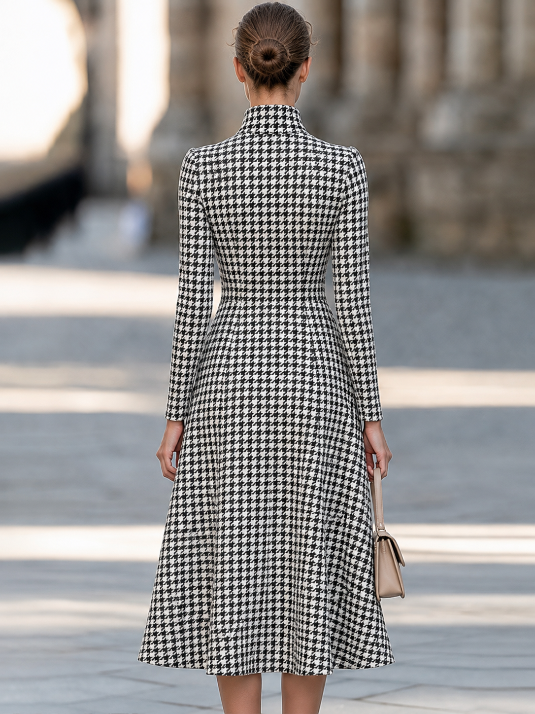 Houndstooth Print High Neck Long Sleeve A-Line Midi Dress
