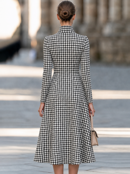 Houndstooth Print High Neck Long Sleeve A-Line Midi Dress