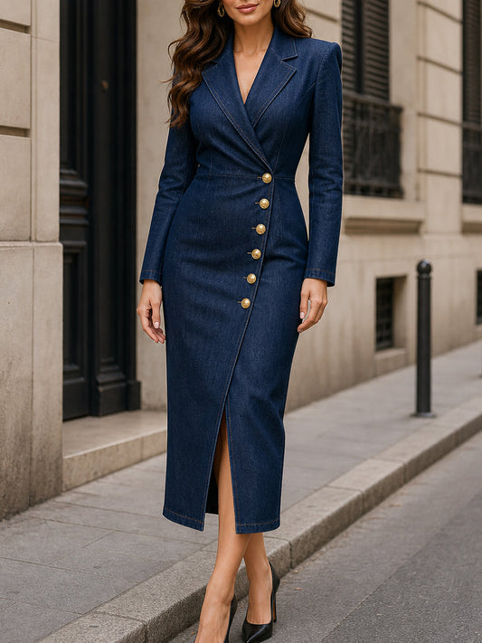 Asymmetric Button-Front Denim Blazer Midi Dress