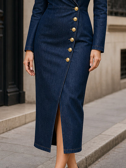 Asymmetric Button-Front Denim Blazer Midi Dress