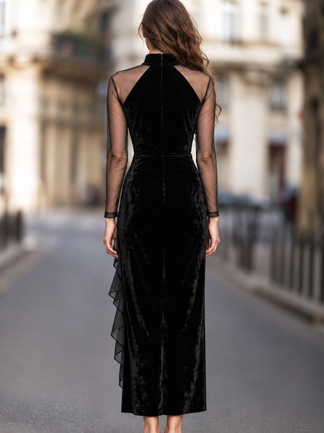 Sheer-Sleeve Velvet Ruffle Maxi Dress