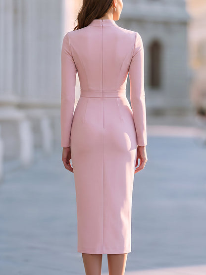 Draped Mock Neck Pencil Midi Dress