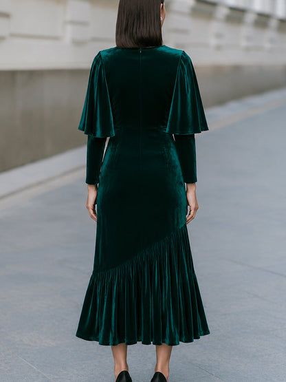 Draped Cape Sleeve Velvet Midi Dress