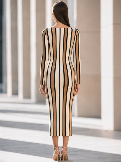 Vertical Stripe Ribbed Knit Midi Dress