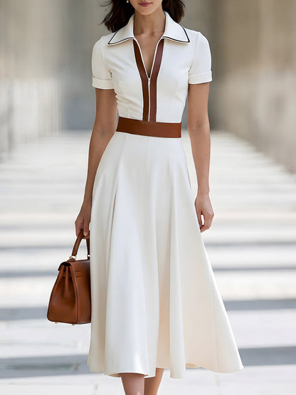 Contrast-Trim Zip-Front A-Line Midi Dress