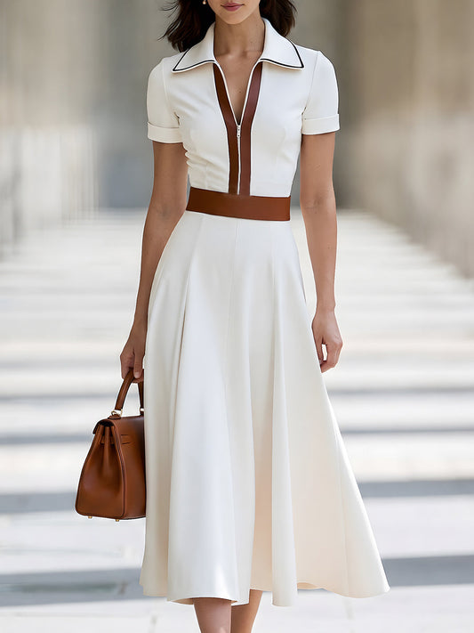 Contrast-Trim Zip-Front A-Line Midi Dress
