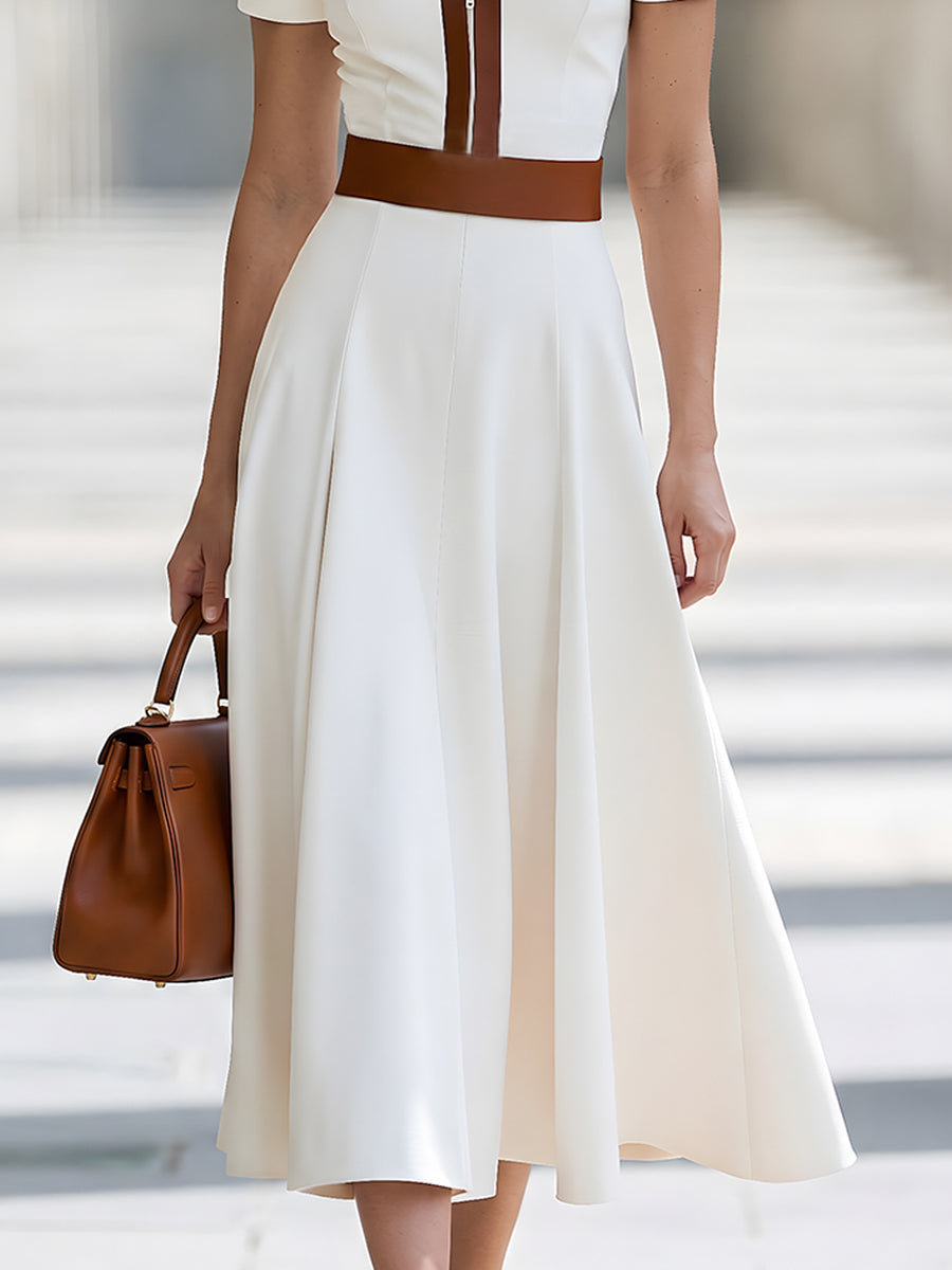 Contrast-Trim Zip-Front A-Line Midi Dress