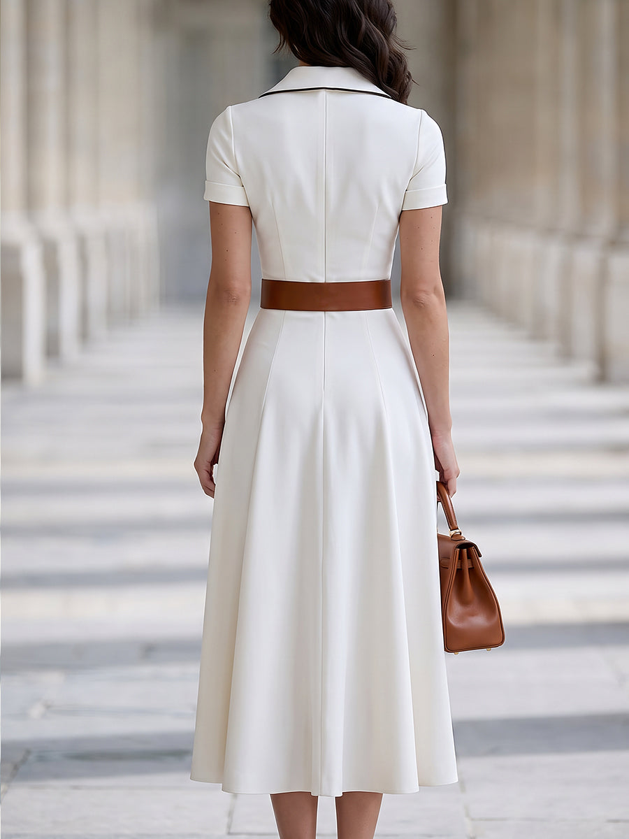 Contrast-Trim Zip-Front A-Line Midi Dress