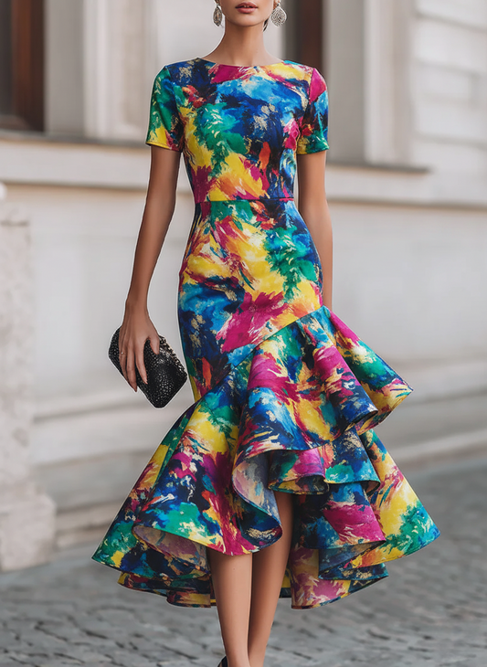 Multicolor Abstract Print Ruffle Dress