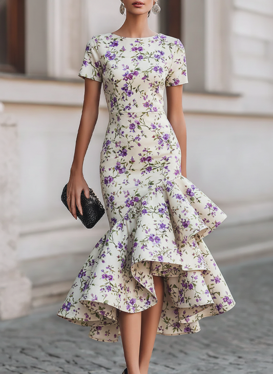 Purple Floral Ruffle Hem Dress