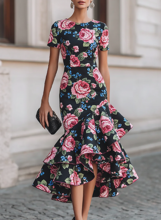 Romantic Pink Rose Floral Mermaid Midi Dress with Tiered Ruffle Hem