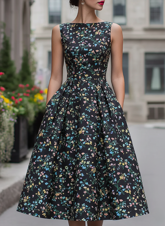 Vintage Ditsy Floral Print A-Line Midi Dress