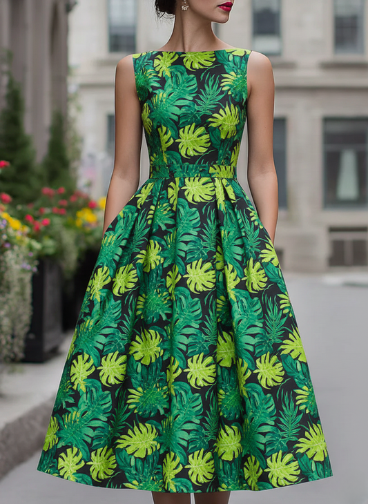 Tropical Monstera Leaf Print A-Line Midi Dress