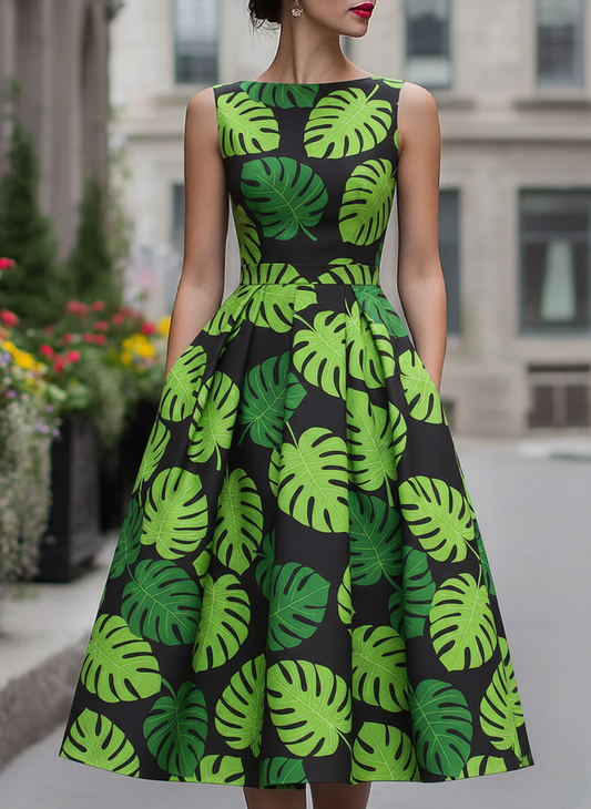 Black Monstera Leaf Swing Dress