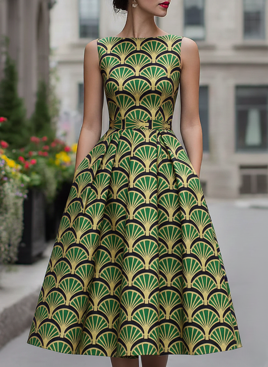 Black Vintage Fan Print Swing Dress