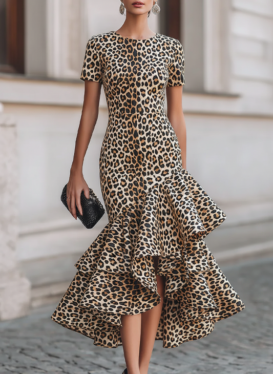 Exotic Leopard Print Mermaid Midi Dress with Tiered Ruffle Hem
