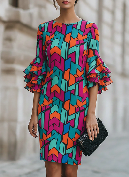 Colorful Geometric Print Dress with Ruffled Sleeves