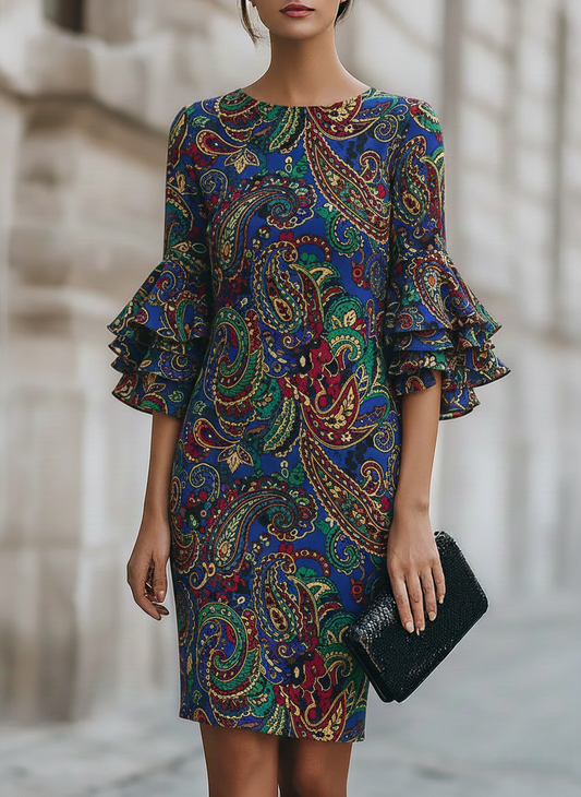 Blue Paisley Print Dress with Ruffled Sleeves