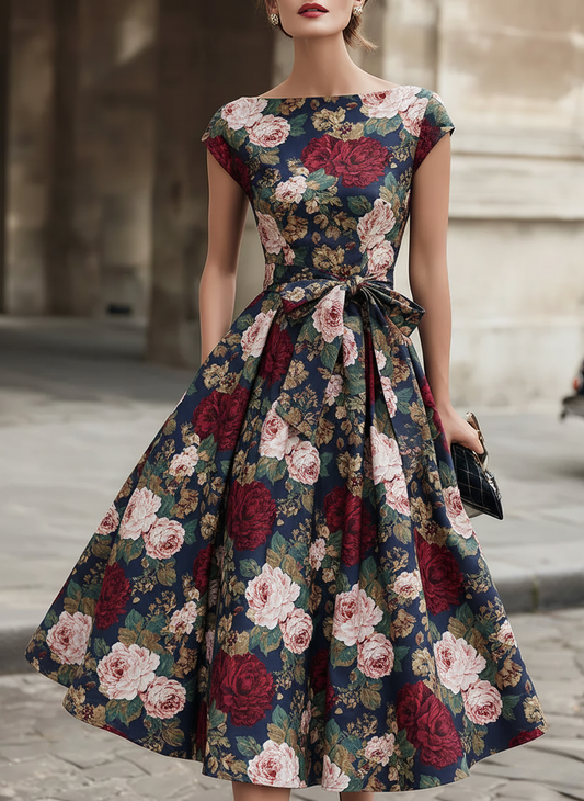 Navy Rose Print Vintage Bow-Waist Dress