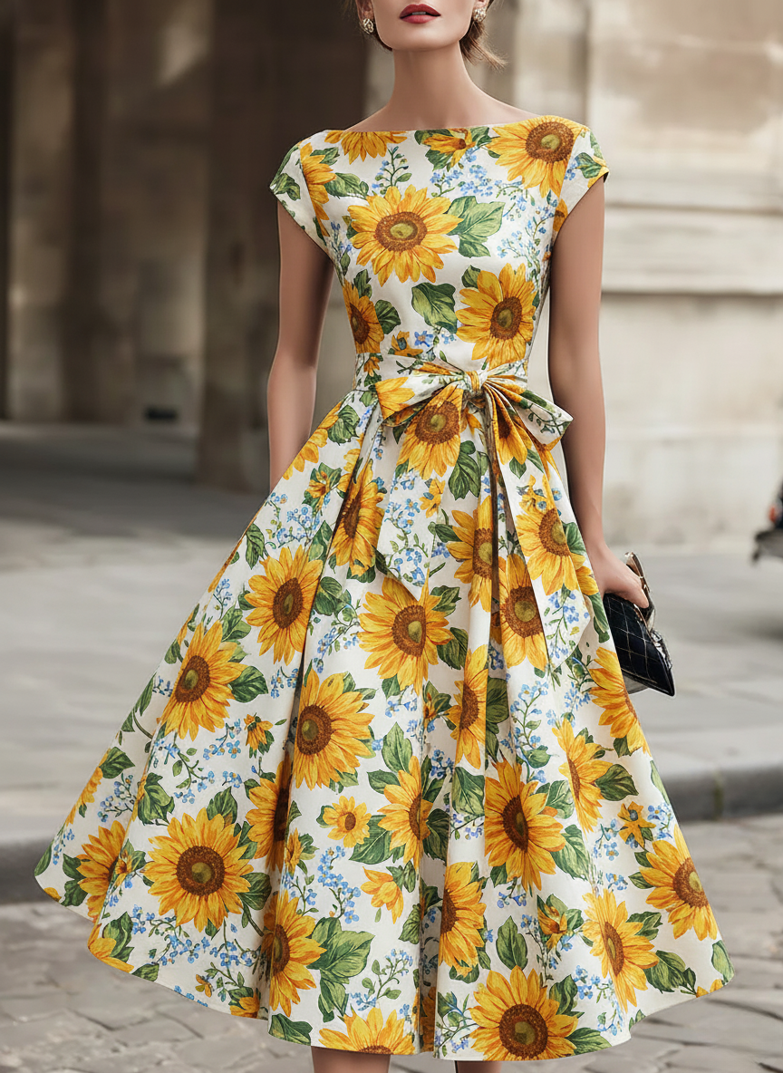 White Sunflower Print Dress with Yellow Ribbon Belt