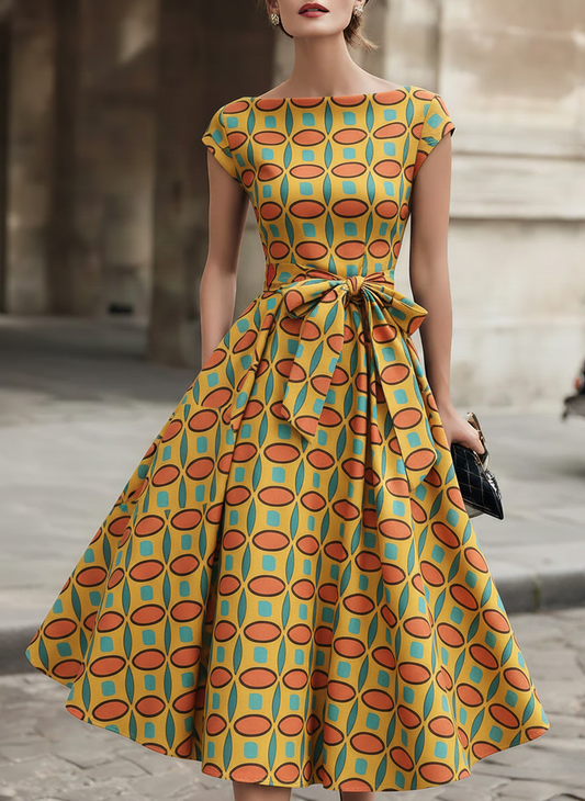 Yellow Vintage Print Bow-Waist Dress