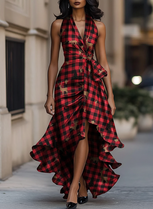 Deer & Evergreen Print with Ruffled Hem Red & Black Plaid Halter Dress