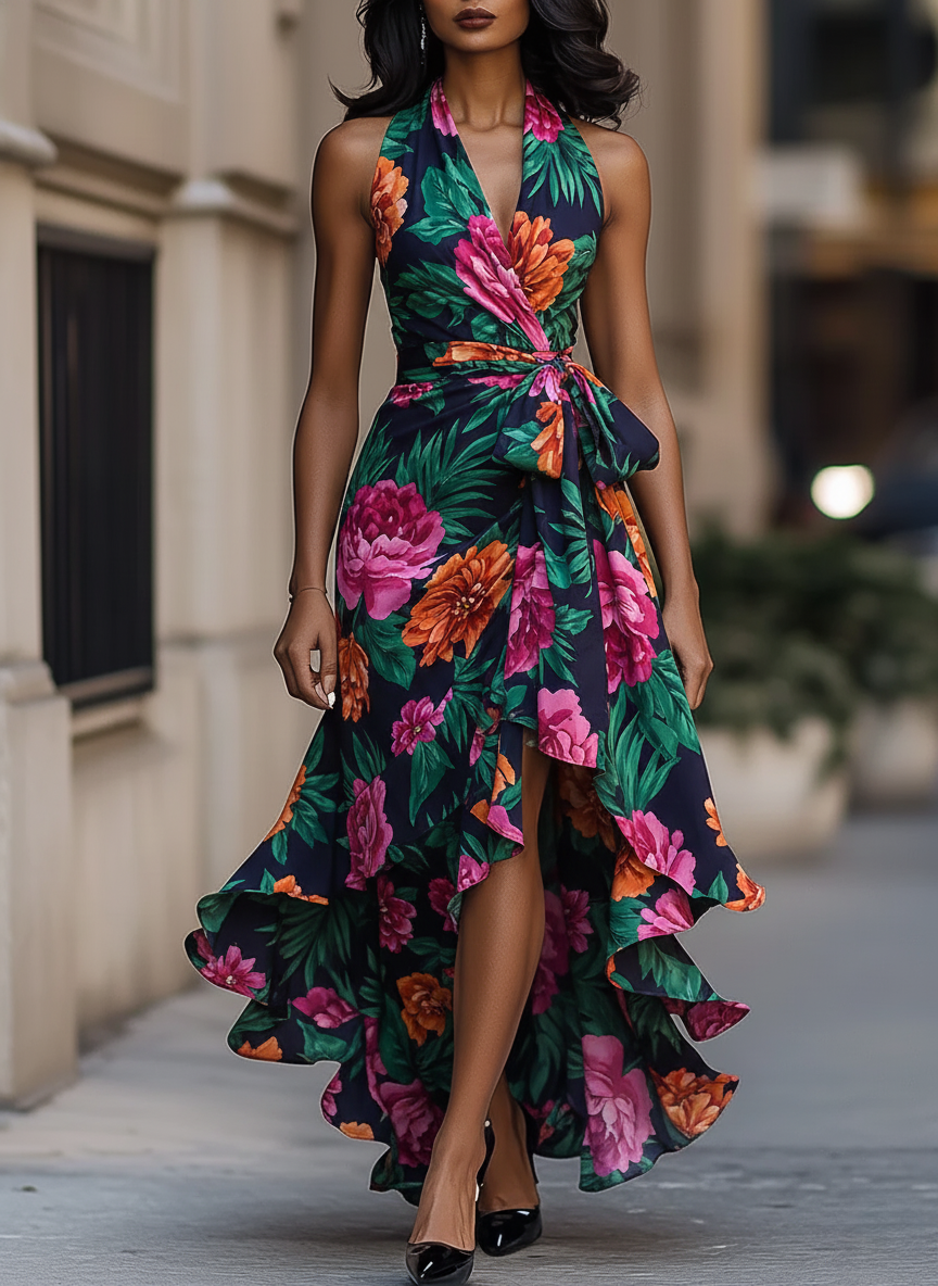 Blue Floral Print Halter Dress with Wrap Waist and Asymmetrical Hem