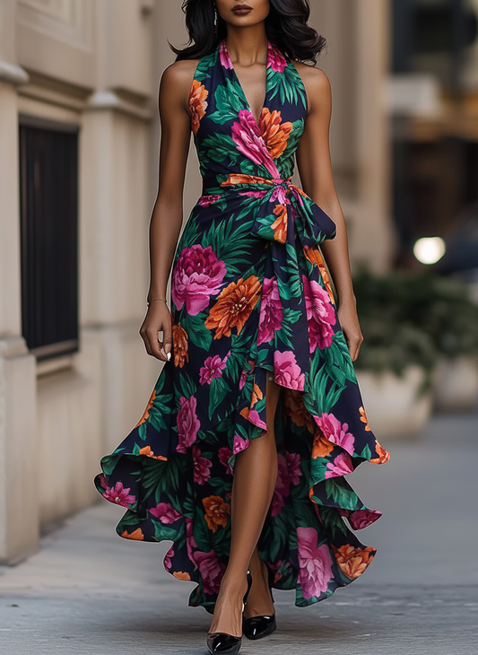 Blue Floral Print Halter Dress with Wrap Waist and Asymmetrical Hem