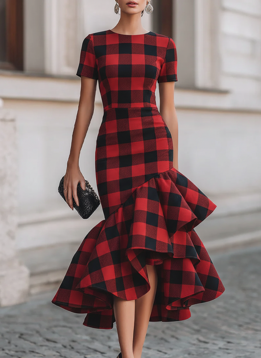 Bold Red and Black Buffalo Plaid Mermaid Dress with Ruffle High-Low Hem