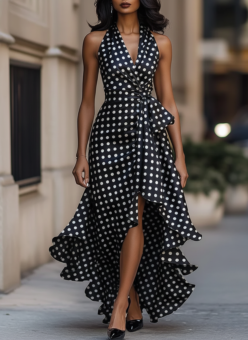 Polka Dot Halter Neck High-Low Hem Dress