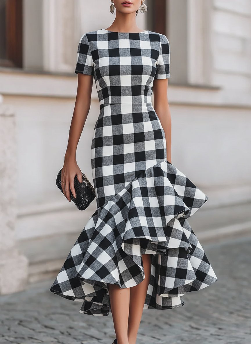 Elegant Black and White Gingham Mermaid Midi Dress with Ruffle Hem