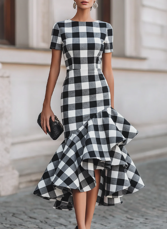 Elegant Black and White Gingham Mermaid Midi Dress with Ruffle Hem
