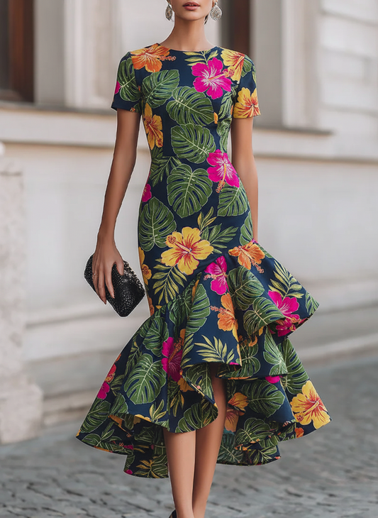 Tropical Hibiscus Print Ruffle Dress