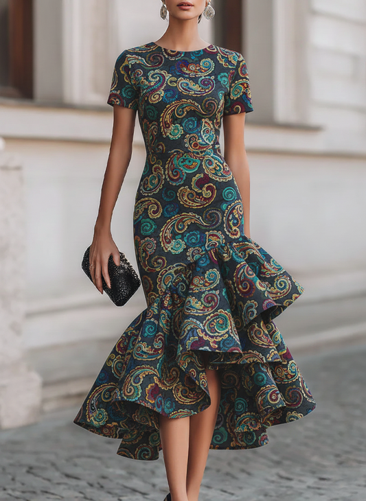 Paisley Print Fitted Ruffle Dress