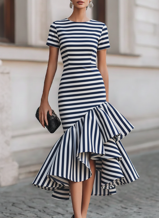 Navy & White Striped Ruffle Dress