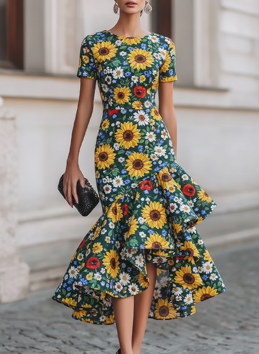 Sunflower Floral Tiered Ruffle Dress