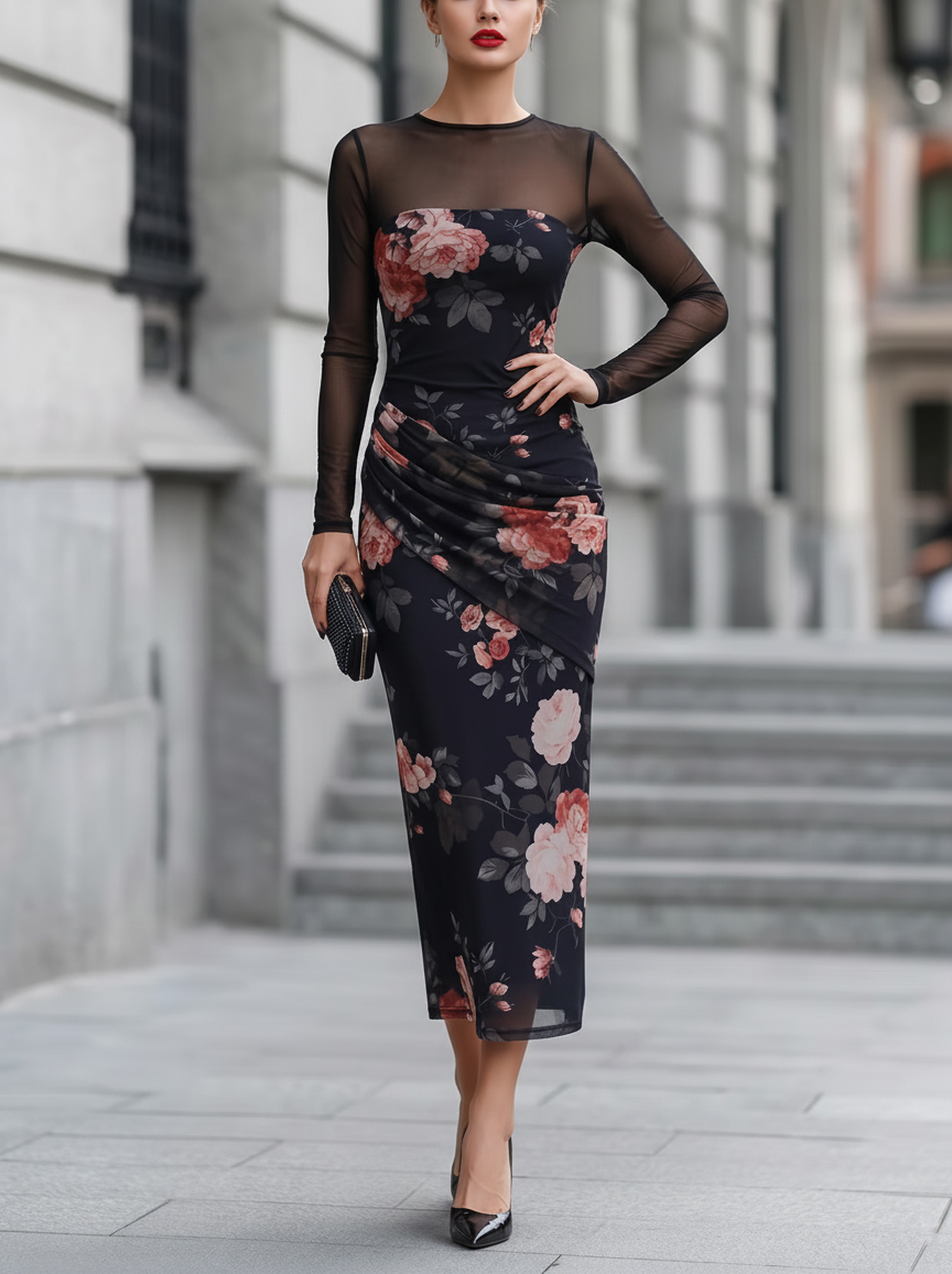 Sheer Sleeve Floral Print Ruched Midi Dress