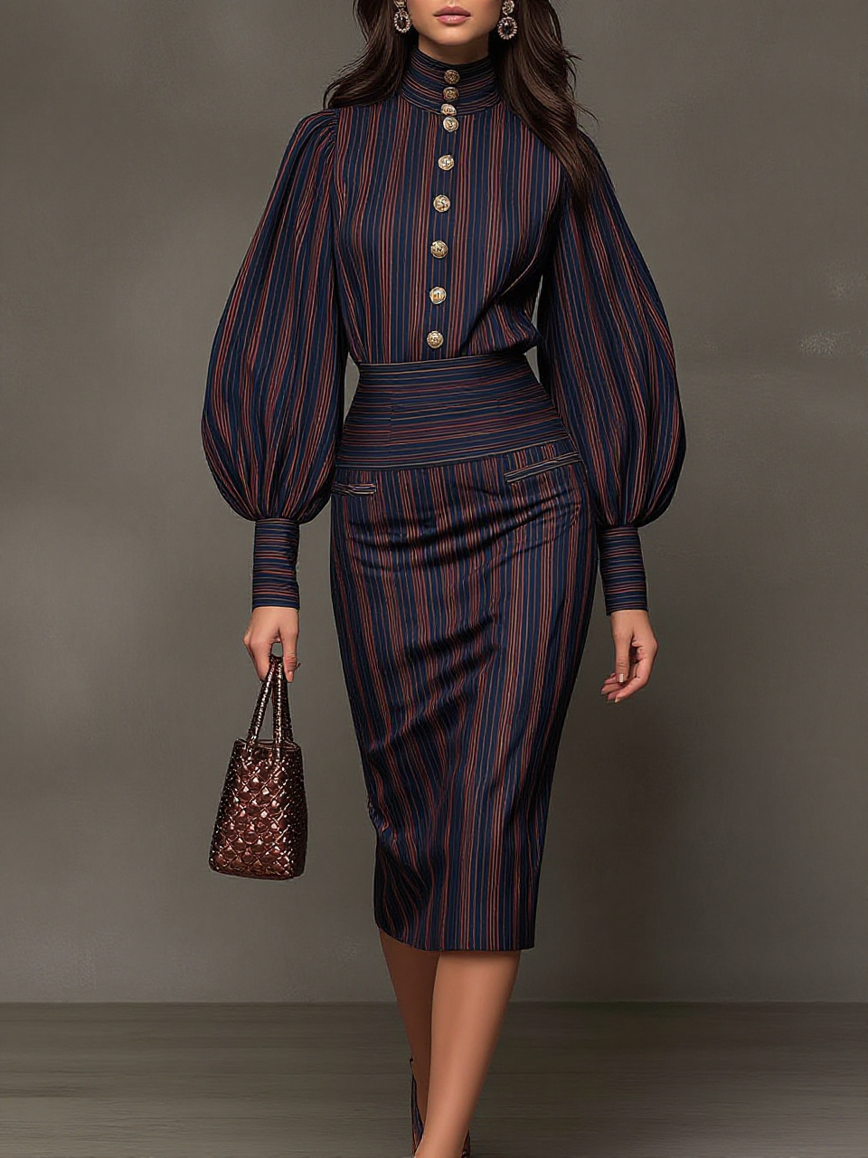 Navy Striped High Neck Puff Sleeve Midi Dress