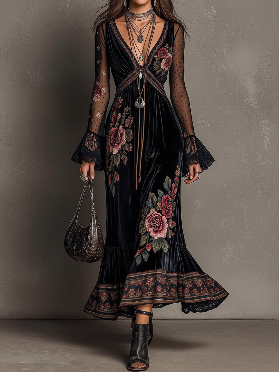 Floral Embroidered Sheer Sleeve Velvet Maxi Dress