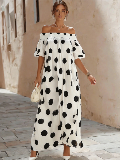 Off-Shoulder Polka Dot Flowy Maxi Dress
