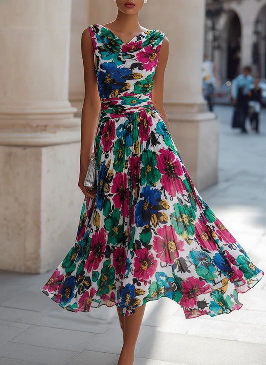 KSXTXX Elegant Floral Draped Neck Pleated Midi Dress