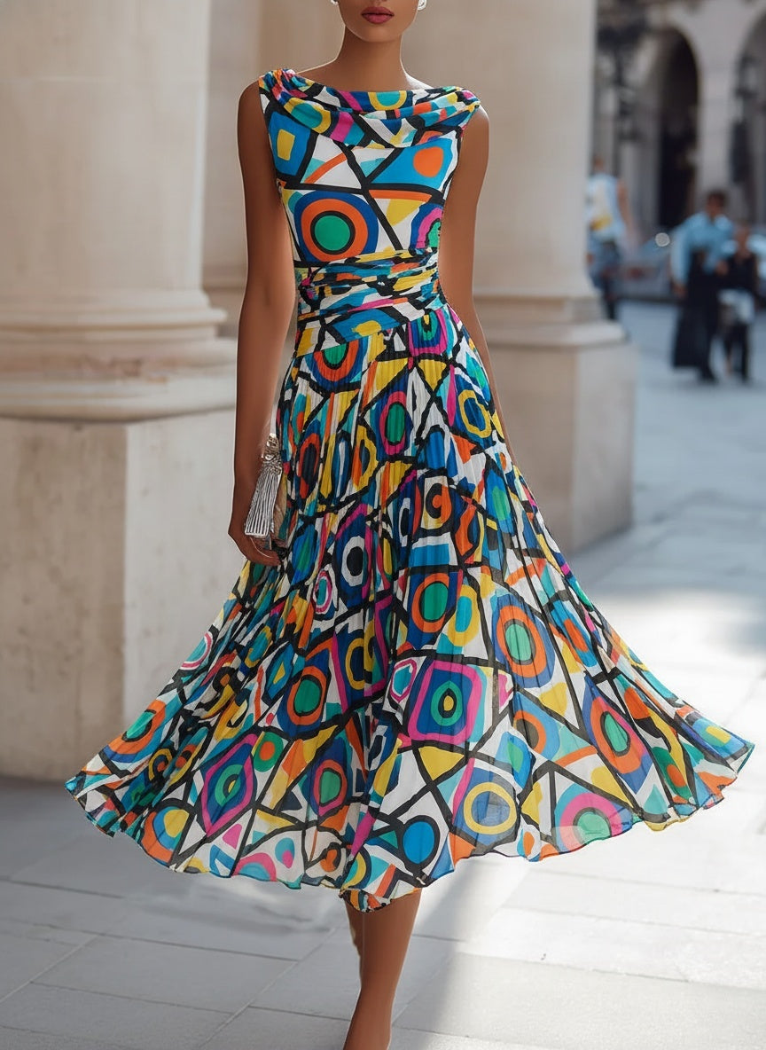 KSXTXX Elegant Draped Neck Pleated Midi Dress - Geometric Print