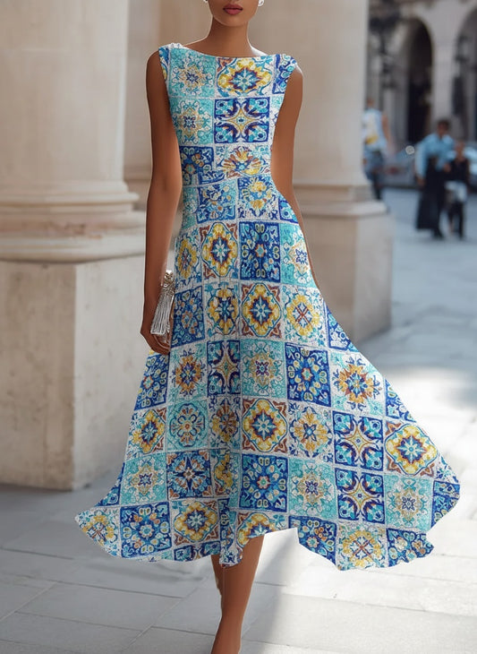 KSXTXX Elegant Mediterranean Tile Print Sleeveless Midi Dress with Draped Neckline