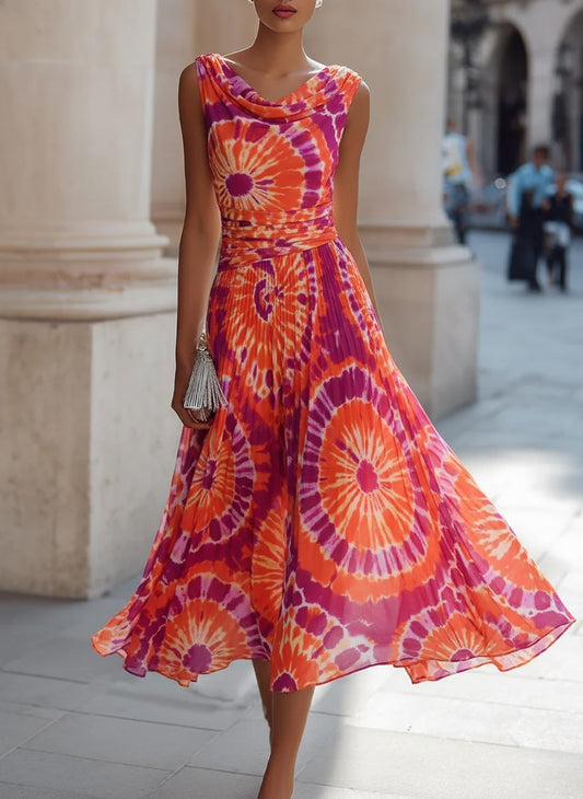 KSXTXX Elegant Tie-Dye Pleated Midi Dress with Draped Neckline