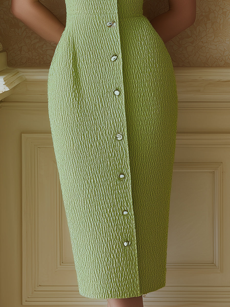 Light Green Square Neck Button-Front Midi Dress