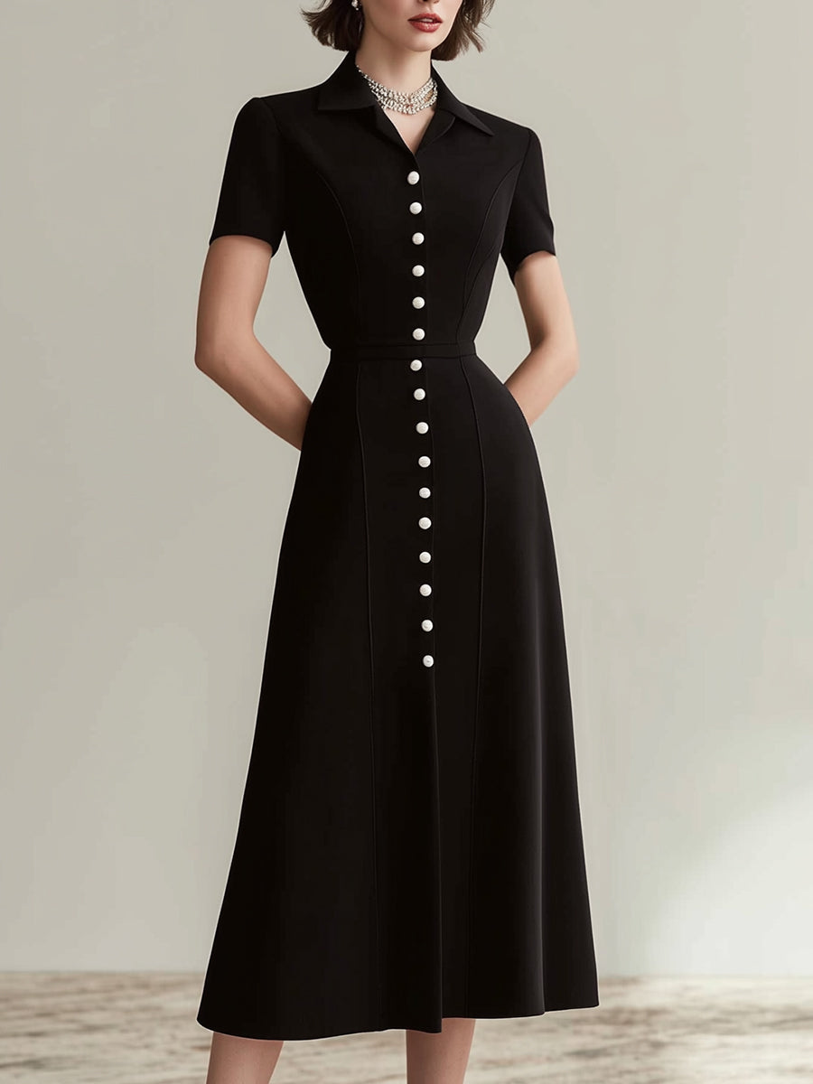 Black Tailored Button-Front Midi Dress With Short Sleeves