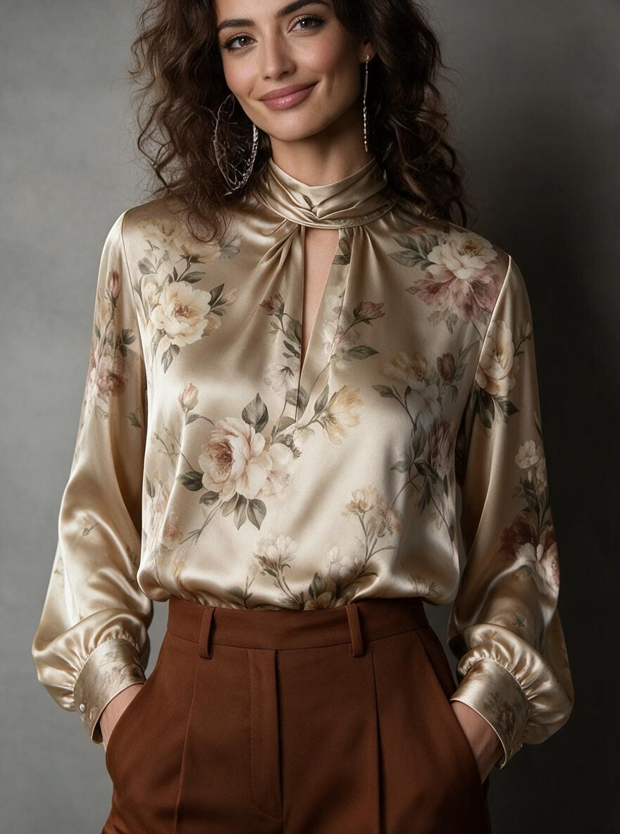 Champagne Floral Drape Neck Satin Blouse
