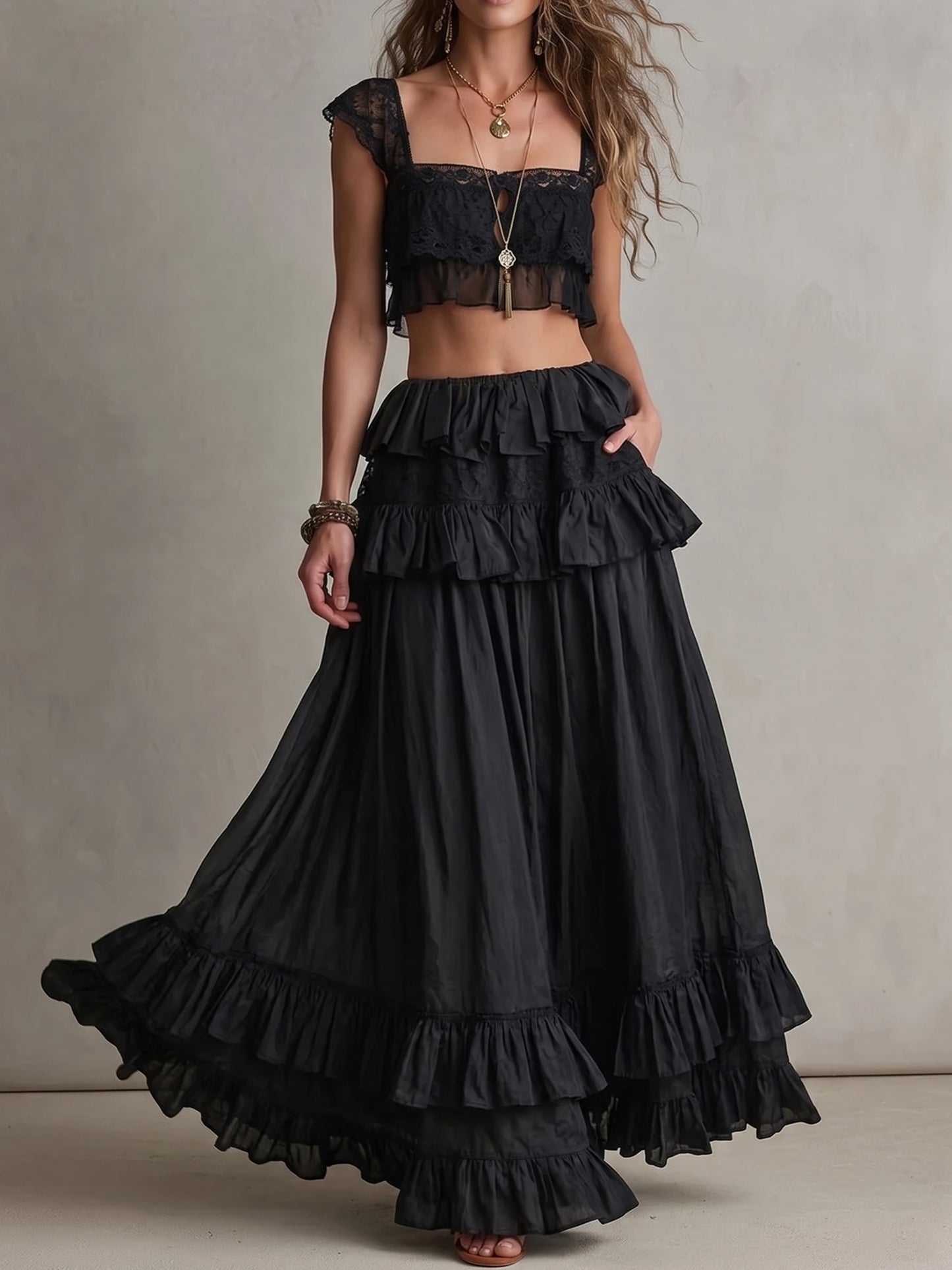 Women Square Neck Lace Crop Top & Tiered Ruffle High Waist Maxi Skirt Two Piece Set